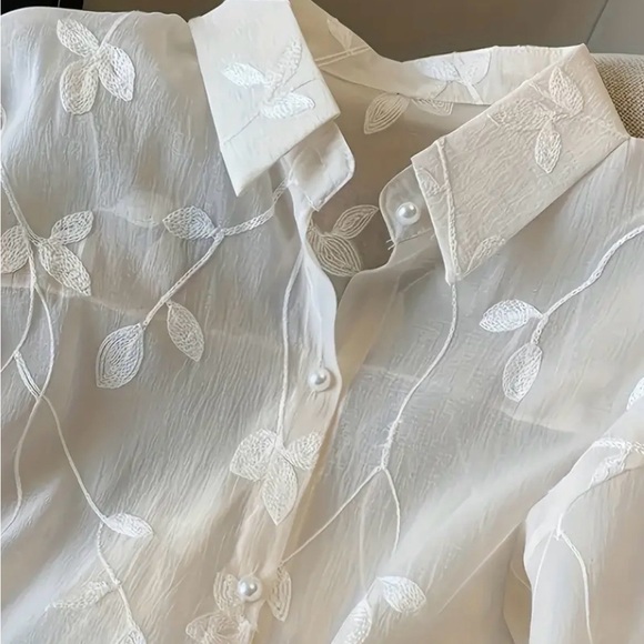 Elegant Sheer White Blouse with Leaf Embroidery - Picture 4 of 10